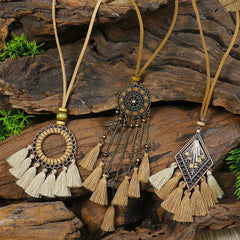 Boho Ethnic Tassel Pendant Necklaces Retro Rhinestone Drip Oil Alloy Necklace