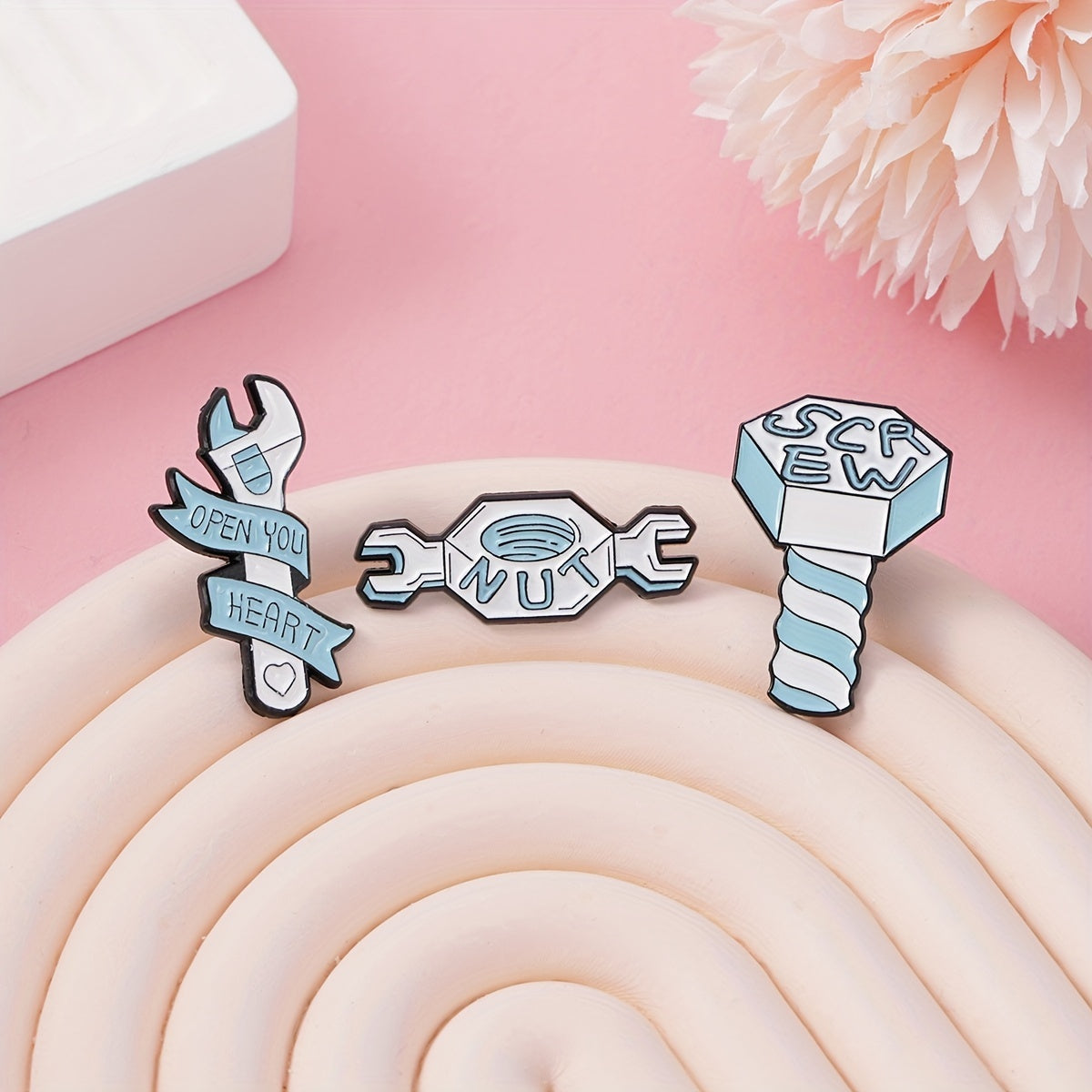 Screw Nut Open Heart Cartoon Pins Badges Alloy Jewelry