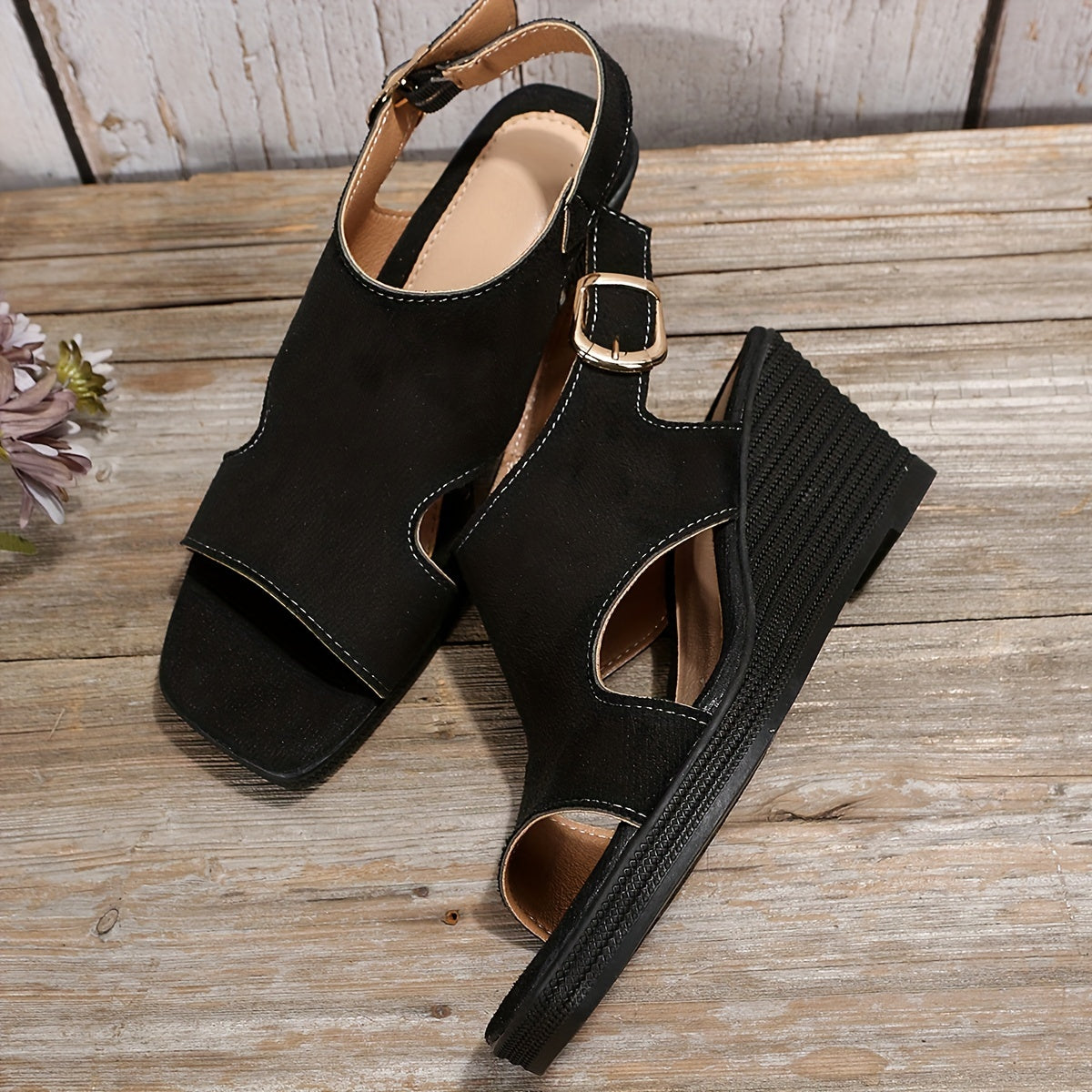 Women's Square Toe Wedge Sandals Cut out Buckle Strap Slingback Sandals