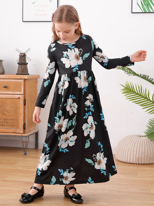 Girls Floral Print Loose Dress With Pockets for Spring