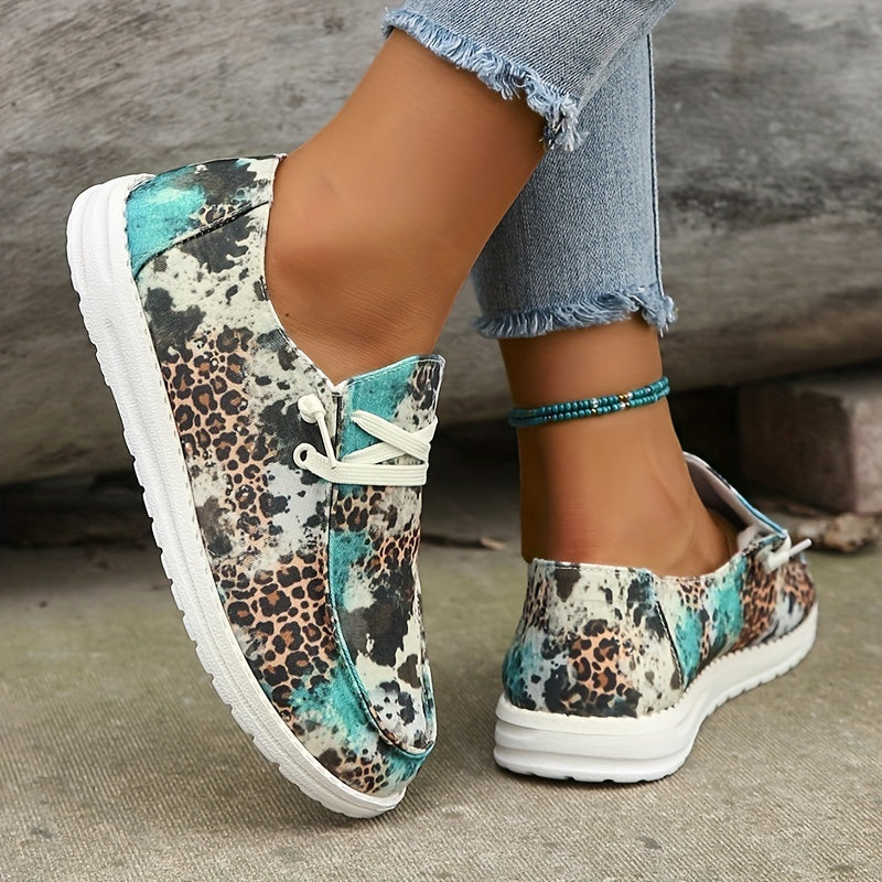 Leopard Pattern Flat Loafers Slip On Low Round Toe Lightweight Canvas Shoes