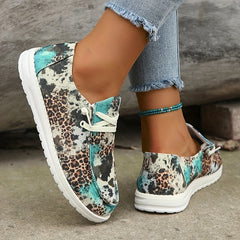 Leopard Pattern Flat Loafers Slip On Low Round Toe Lightweight Canvas Shoes