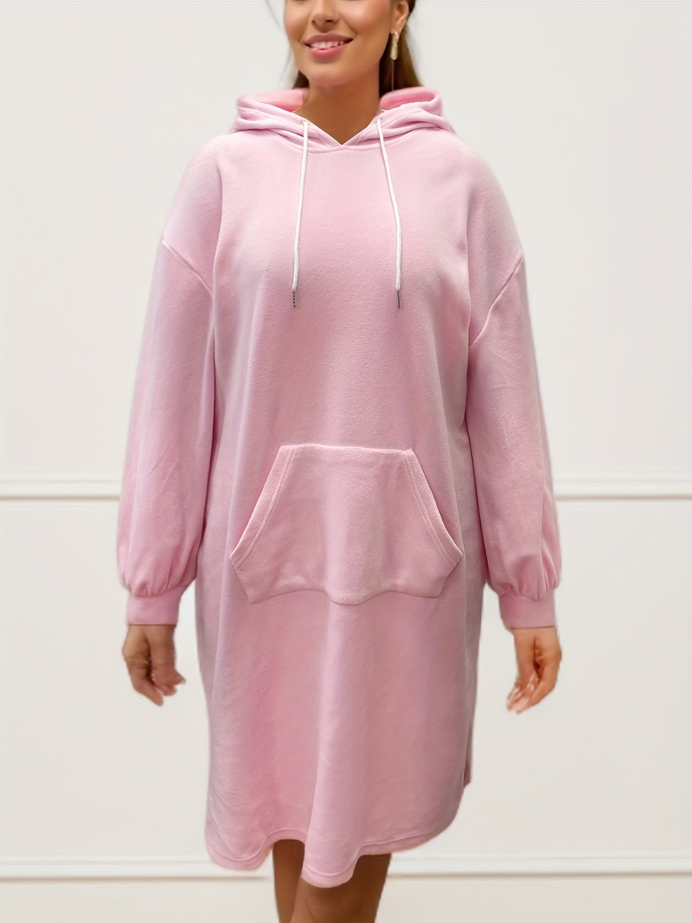  Solid Long Sleeve Hooded Sweatshirt Dress with Pockets