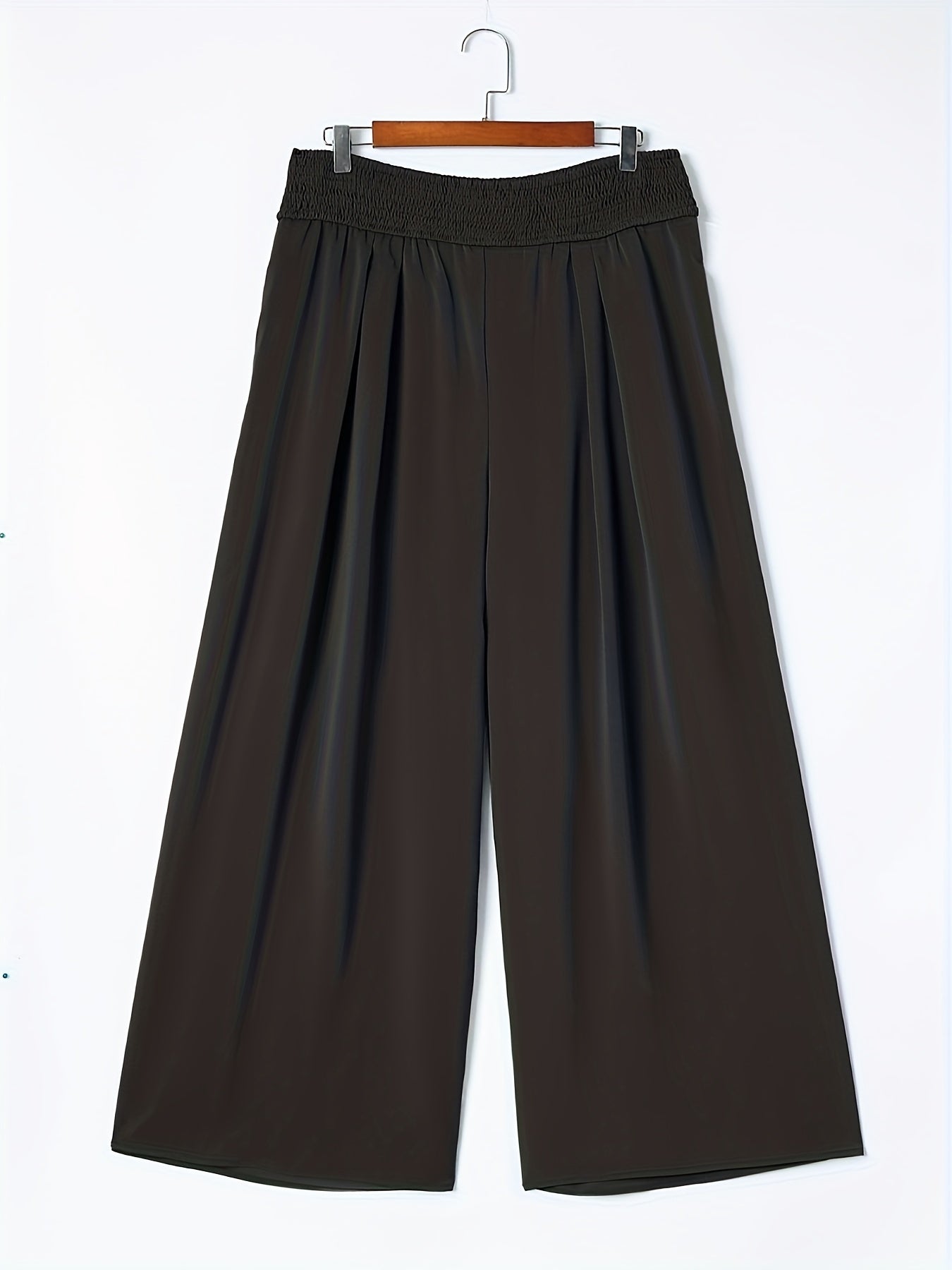  Solid Shirred Waist Wide Leg Trousers