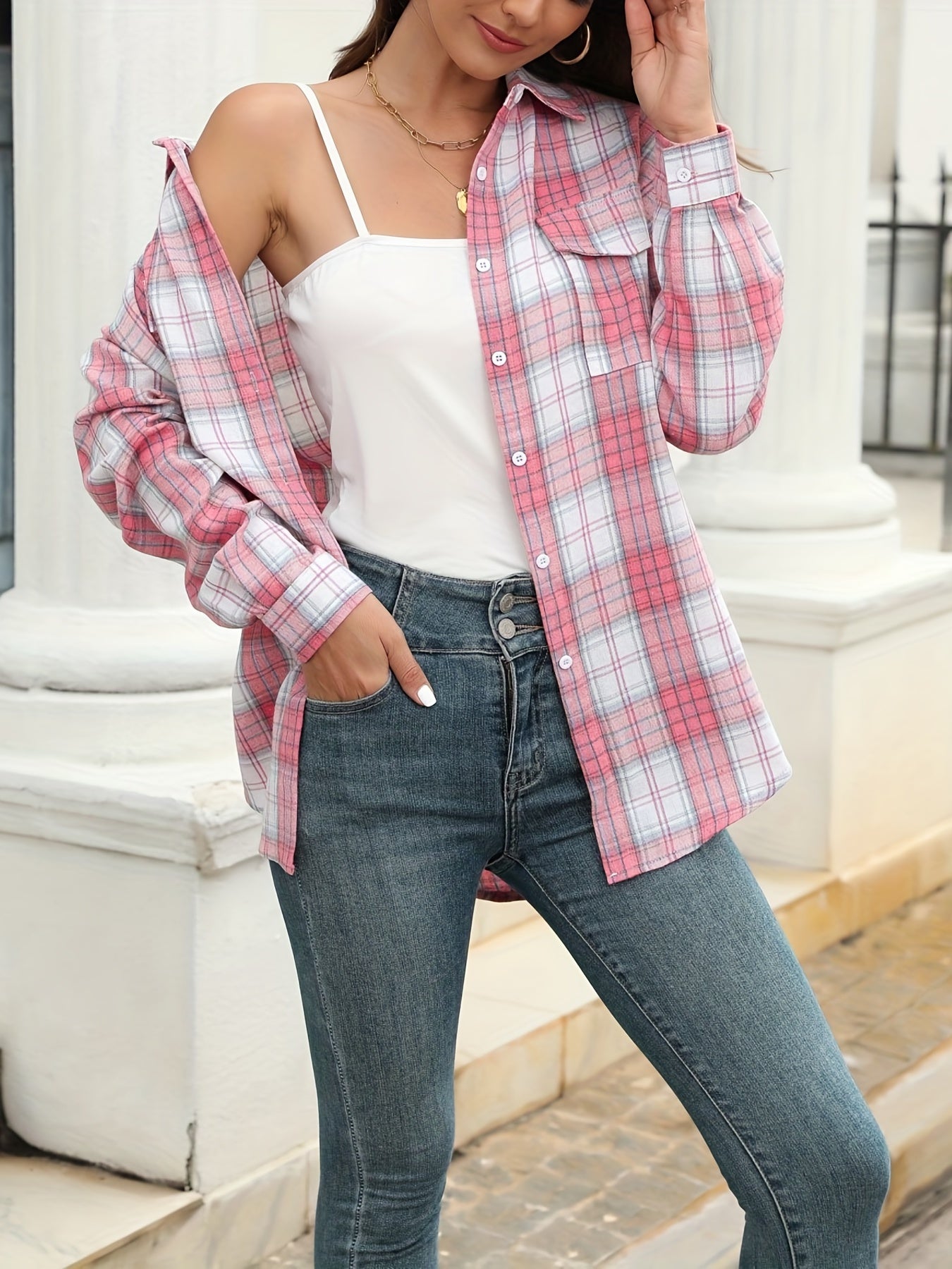  Plaid Button Up Long Sleeve Blouse