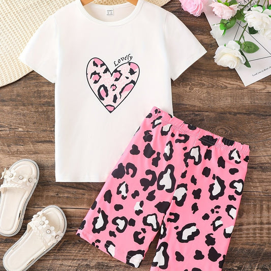 Girls Leopard Heart T shirt & Pants Set for Summer Party