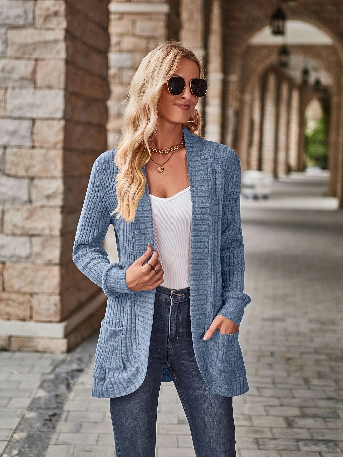  Solid Ribbed Long Sleeve Open Front Cardigan With Pockets