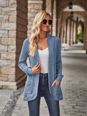  Solid Ribbed Long Sleeve Open Front Cardigan With Pockets