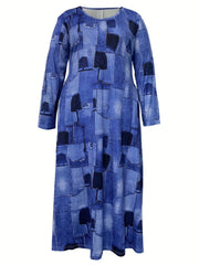  Patchwork Print Long Sleeve Maxi Dress