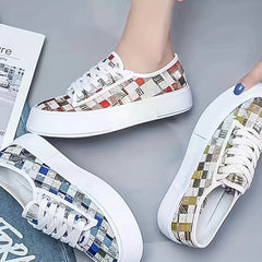 Women's Checkered Canvas Sneakers Lace Up Low Top Skate Shoes