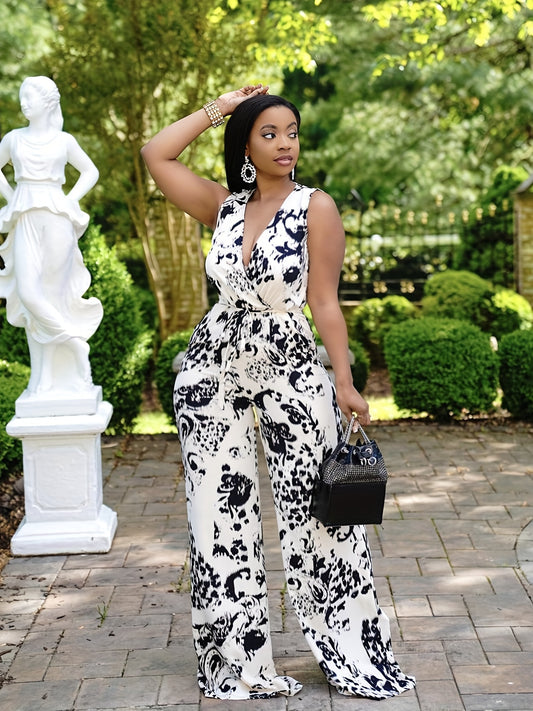 Abstract Print Surplice Neck Jumpsuit Sexy Sleeveless Drawstring Jumpsuit
