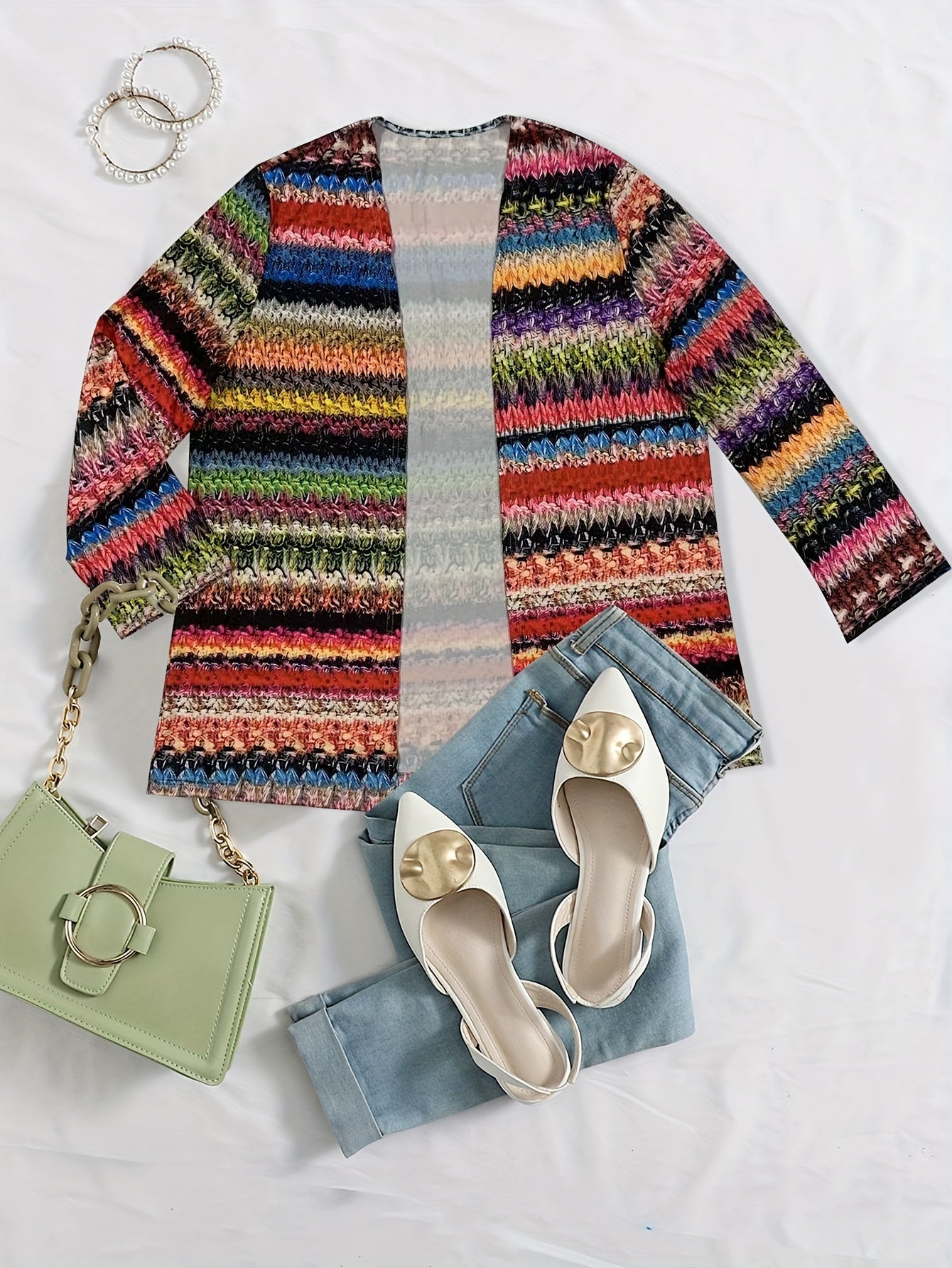  Colorblock Knit Print Long Sleeve Cardigan