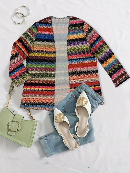  Colorblock Knit Print Long Sleeve Cardigan