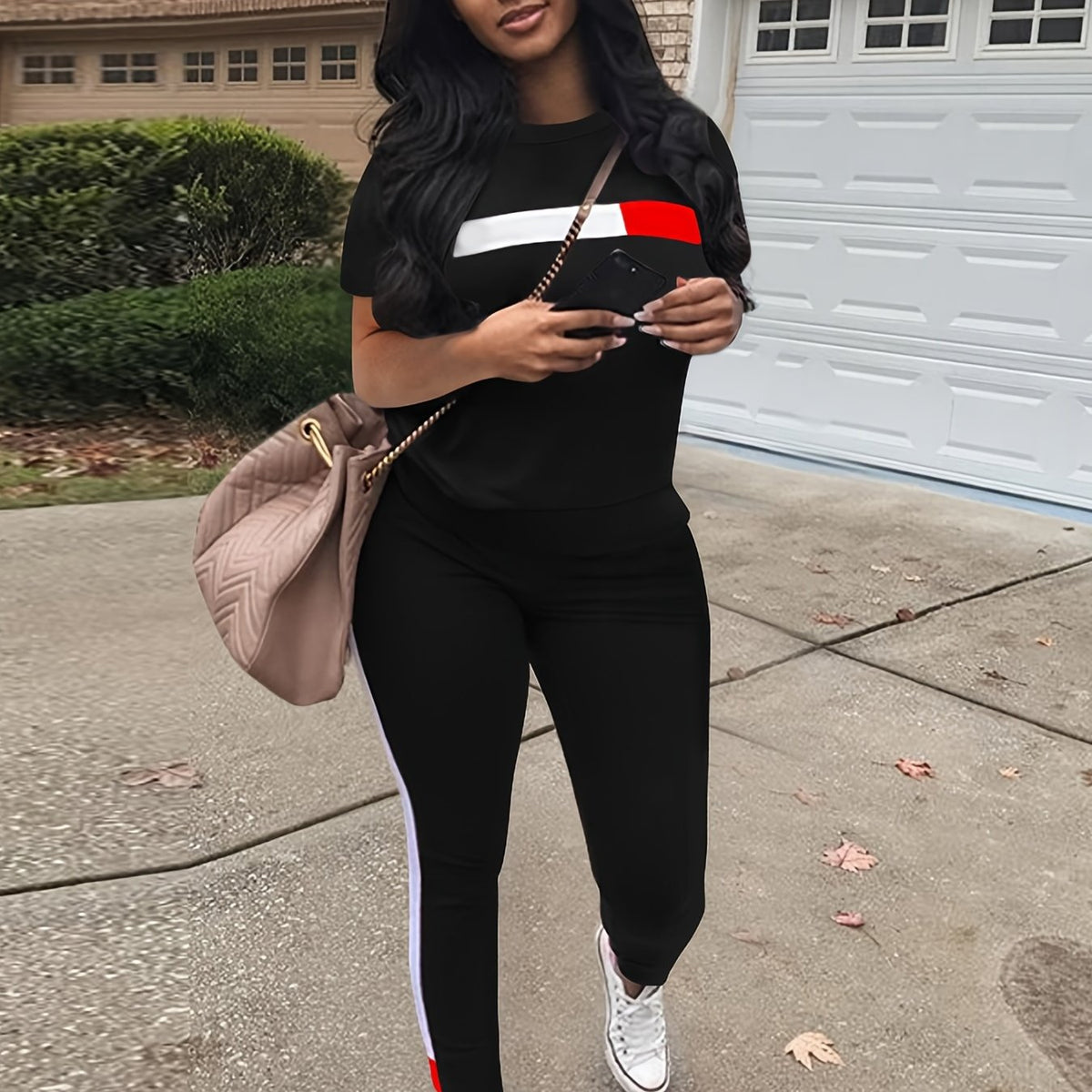 Block Two Piece Set Crew Neck Top & Drawstring Pants