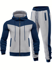Men's Hooded Zip Jacket and Drawstring Sweatpants Set for Spring/Autumn