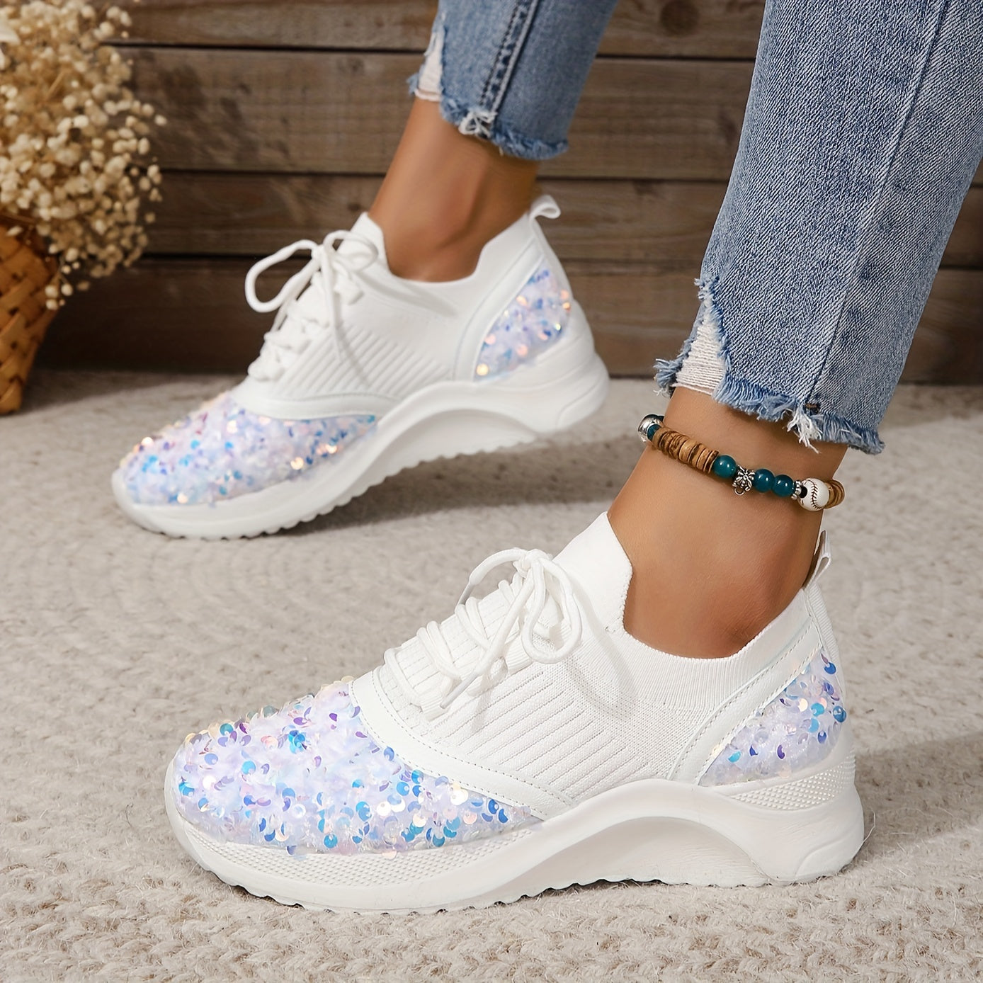 Glitter Sequins Lace Up Sneakers Platform Shoes Lightweight Running Shoes