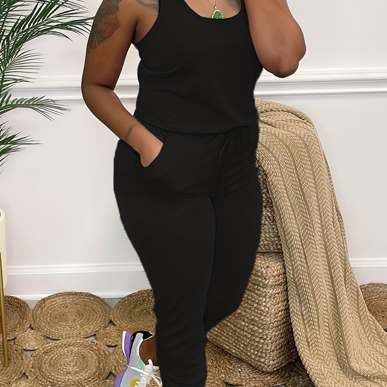  Casual Tank Jumpsuit Women's Plus Solid Round Neck Medium Stretch