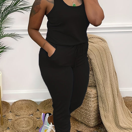  Casual Tank Jumpsuit Women's Plus Solid Round Neck Medium Stretch