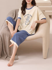 Floral Print Colorblock Pajamas Set Short Sleeve Tee Top & Crop Pants Pj Set