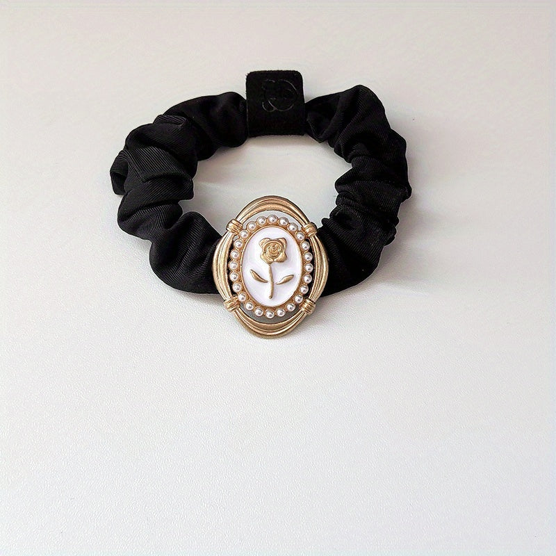 Rose Pattern Faux Pearl Decor Hair Tie Elastic Scrunchie