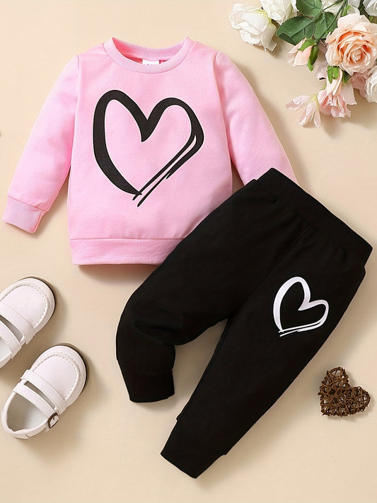 2pcs Baby Girls Heart Print Pink Sweatshirt & Sweatpants