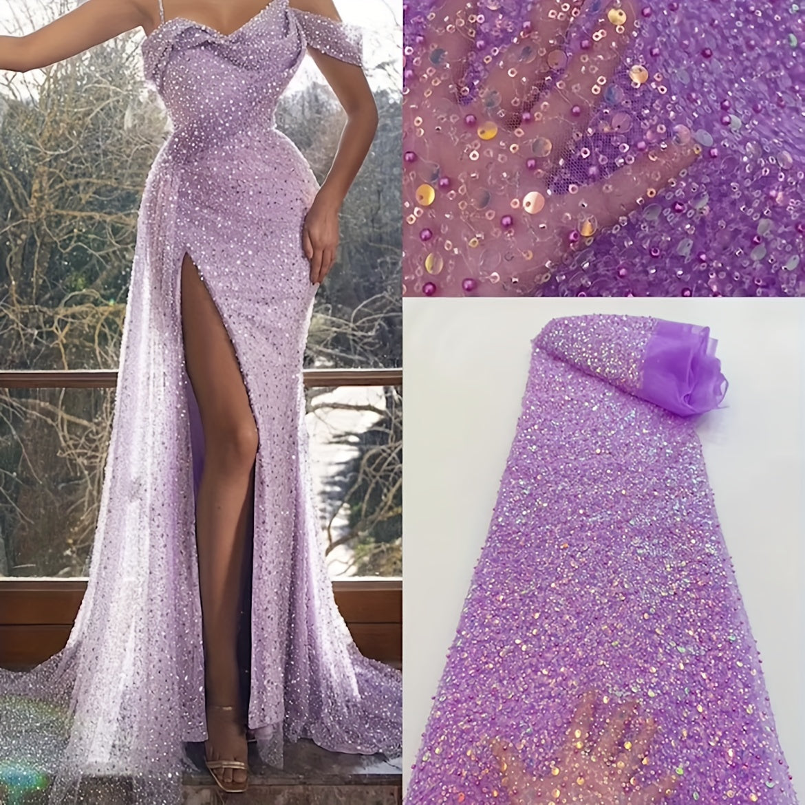 Lace Fabric Bridal Gown Multicolor Sequins Beaded Pearl Fabric Thick Version