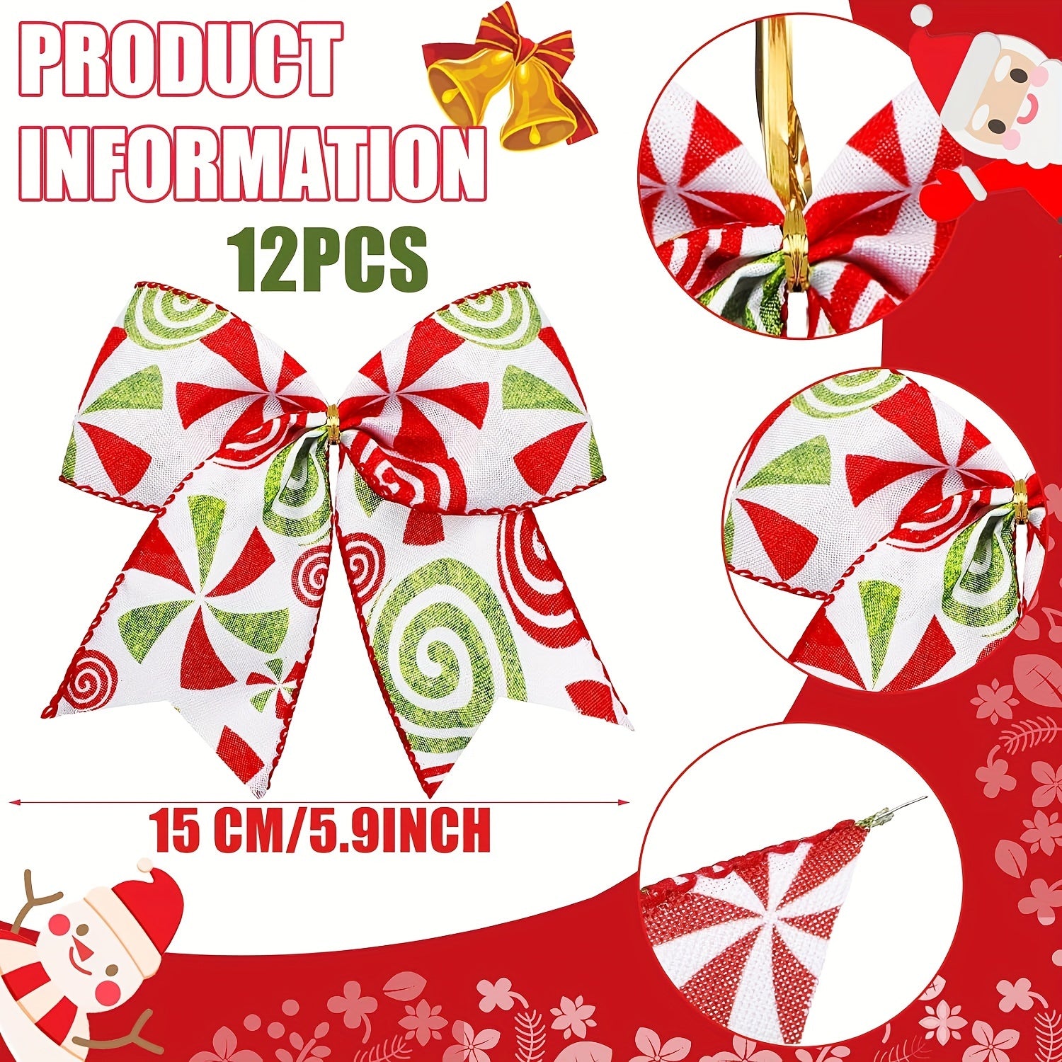 12pcs Christmas Candy Bows 15 24 Cm Red Green Candy Bows Xmas Tie Bows