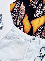  Colorblock Leopard & Baroque Print Knot Mock Neck Blouse