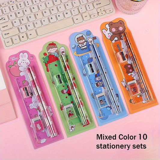 12pcs Cartoon Stationery Set for Office Use - Pencils, Eraser, Ruler, Sharpener