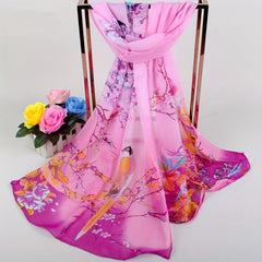 Auspicious Bird Blossom Print Scarf Gradient Chiffon Sunscreen Wrap