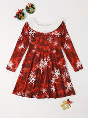 Snowflake Graphic Crew Neck Long Sleeve Dress Girls Christmas Dresses