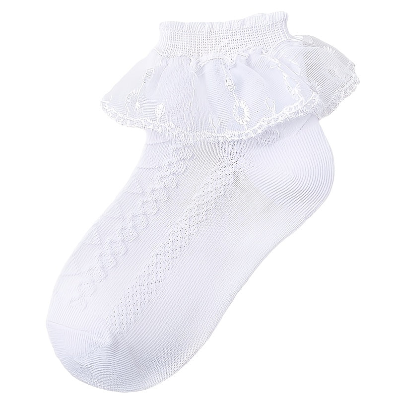 Girls Ruffle Lace Trim Ankle Cotton Socks, 4 Pairs