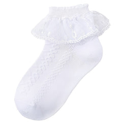 Girls Ruffle Lace Trim Ankle Cotton Socks, 4 Pairs