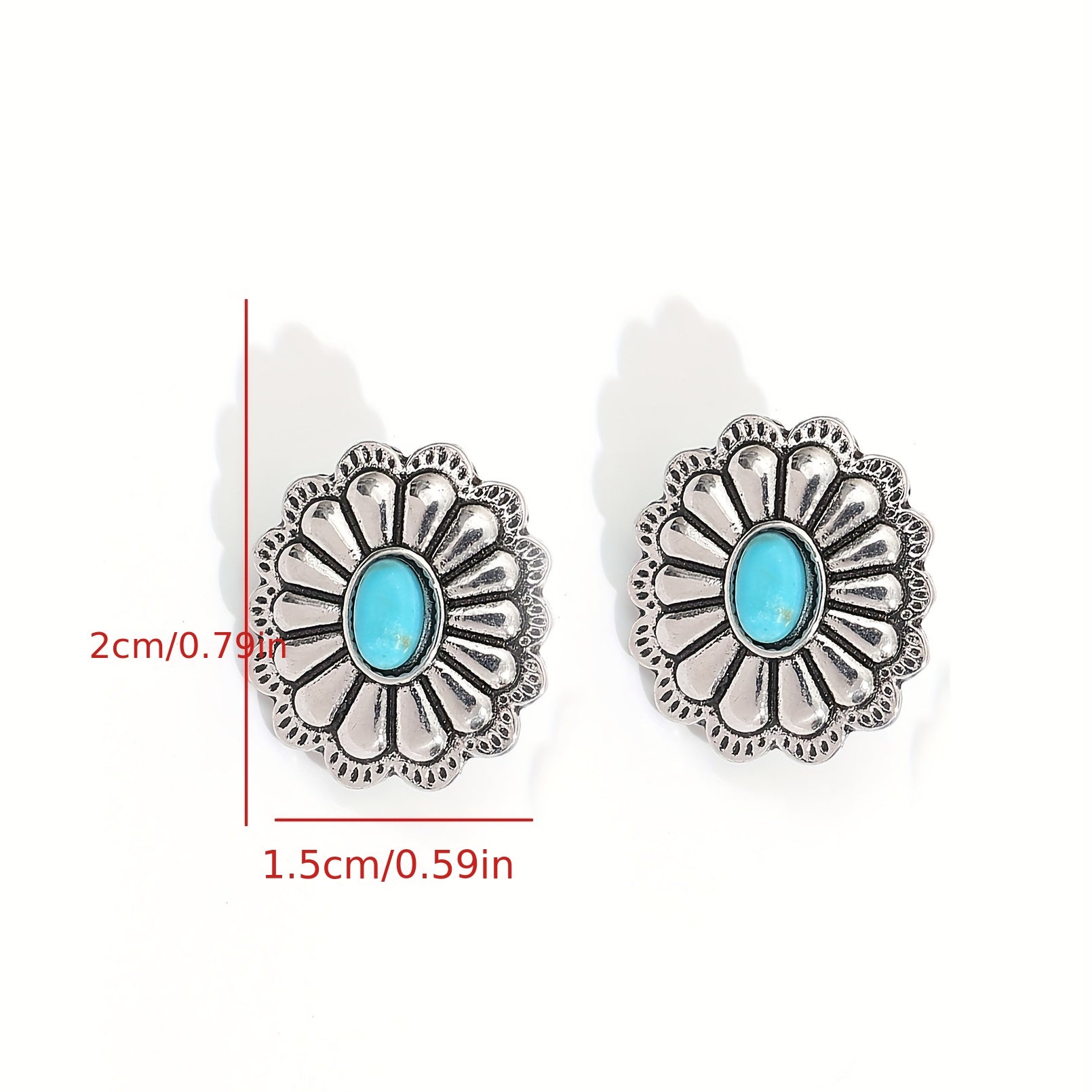 Silvery Flower Oval Turquoise Stud Earrings Retro Style Jewelry