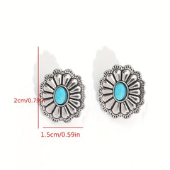 Silvery Flower Oval Turquoise Stud Earrings Retro Style Jewelry