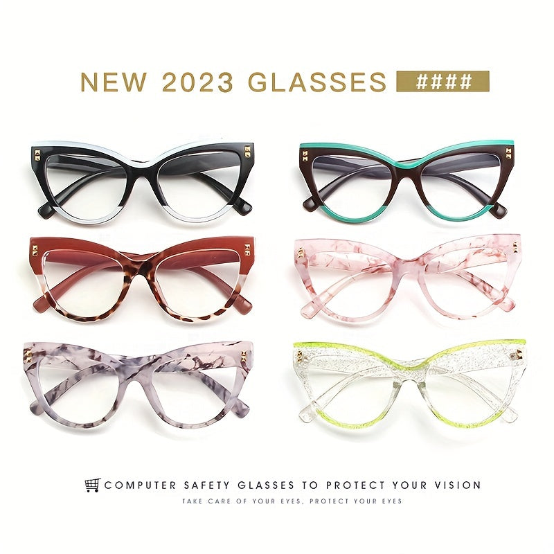 Cat Eye Clear Lens Glasses For Women Men Casual Rivet Decor Anti Light Glasses