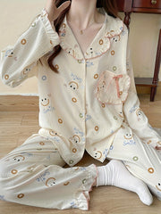 Smiling Face Print Lounge Set Long Sleeve Top & Ruffle Pants