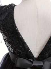 Girls Sleeveless Princess Dress Sequin Bow Belt Gothic Style