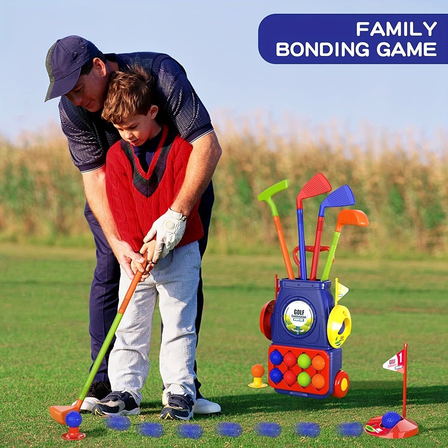 Kids Golf Clubs Set with Balls, Putting Mat, Sticks, Holes, and Cart