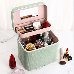 Corduroy Makeup Organizer With Foldable Tray & Handle
