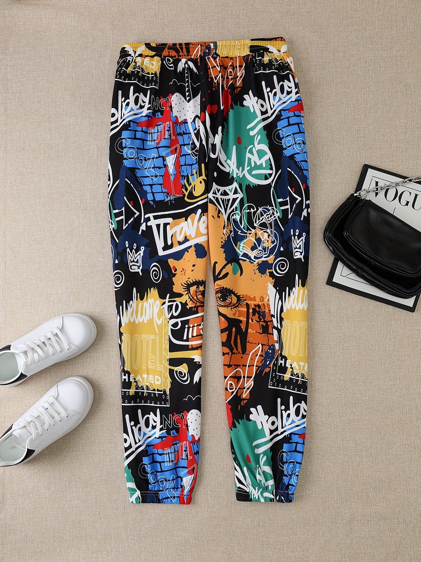  Pop Art Print Joggers Elastic Waist Medium Stretch