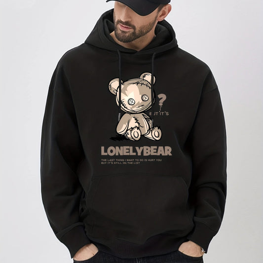 Lonely Bear Print Hoodie Pullover Sweatshirt Men Streetwear
