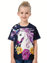 Girls 3D Unicorn Short Sleeve T-shirt - Summer Clothes Gift