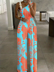 Floral Print Wide Leg Jumpsuit with Chain Straps