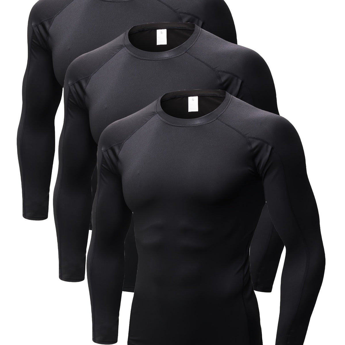 3 Packs Men's Long Sleeve Compression Crew Neck T shirts for Training Running