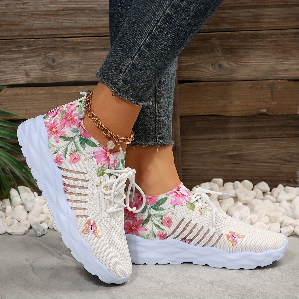 Floral Print Mesh Sneakers Lace Up Low Round Toe Casual Running Shoes