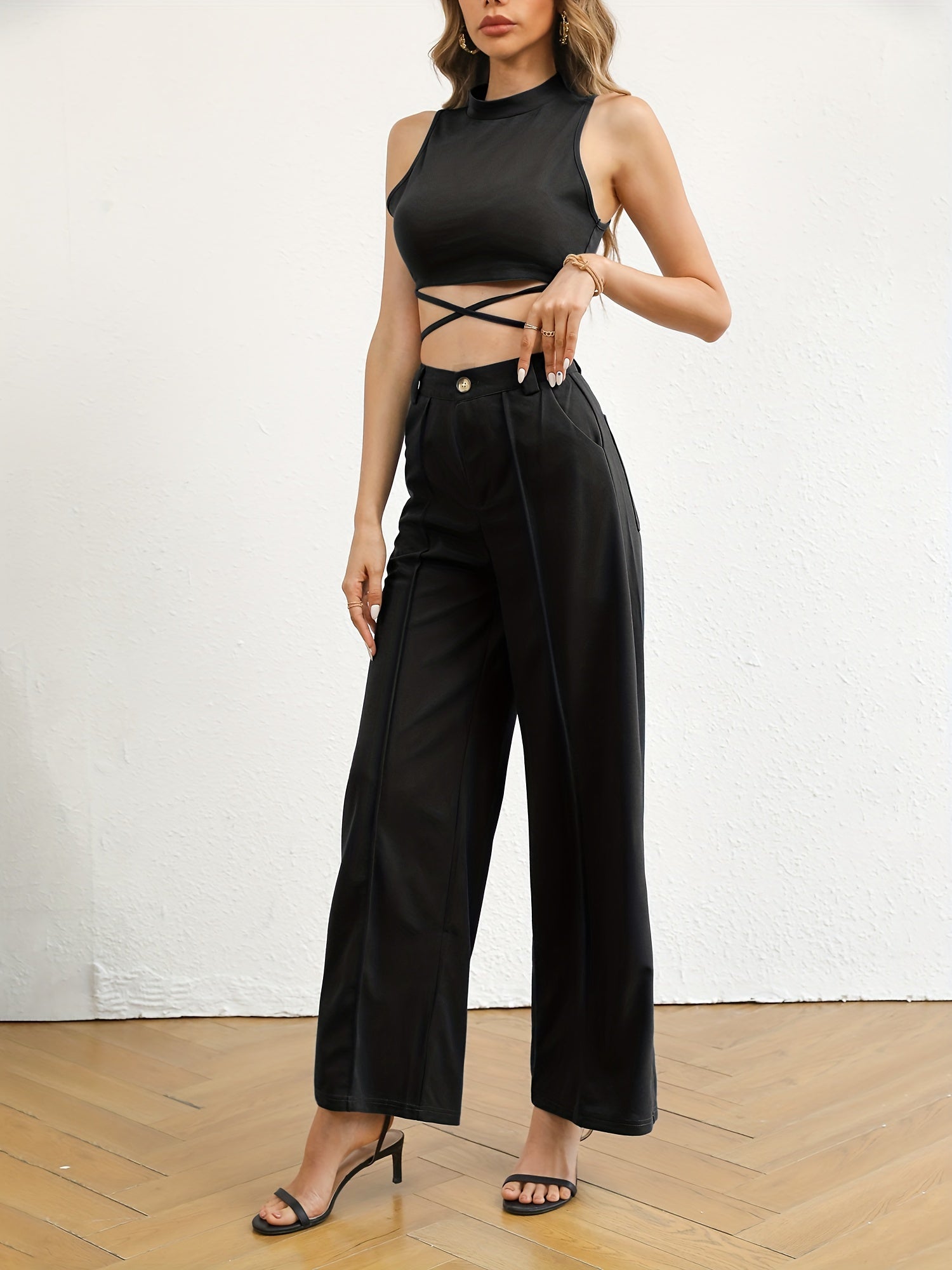 Solid Slim Two piece Set Tie Back Mock Neck Top & High Waist Wide Leg Pants