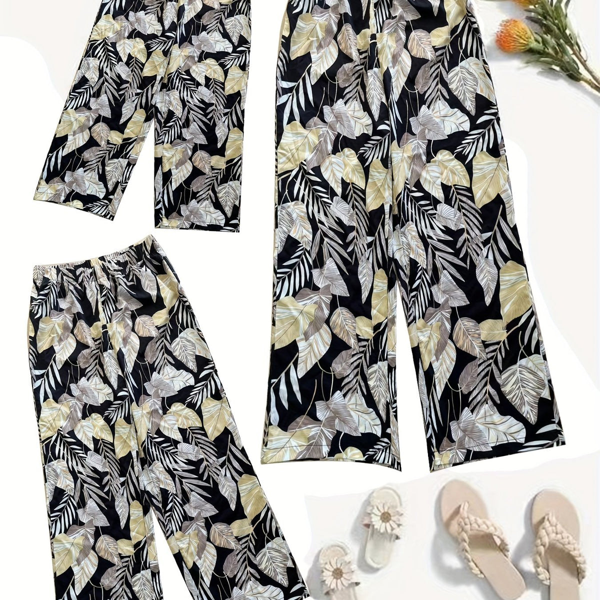  Leaf Print Wide Leg Pants