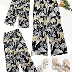  Leaf Print Wide Leg Pants