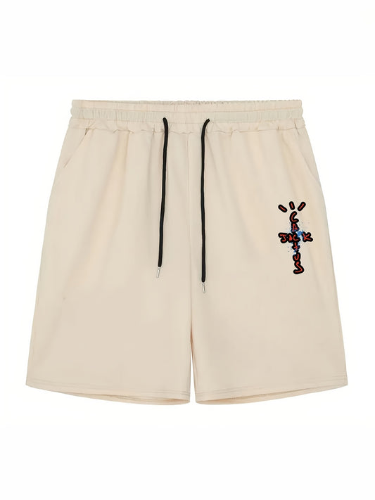 Men's Cross Print Casual Shorts Elastic Waist Gym Pants